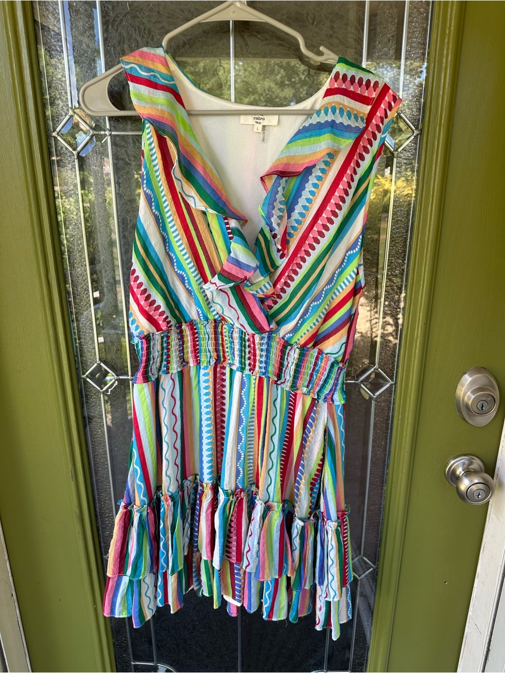 Entro Large Summer Striped Ruffle Sleeveless Party Dress Smocked Flirty